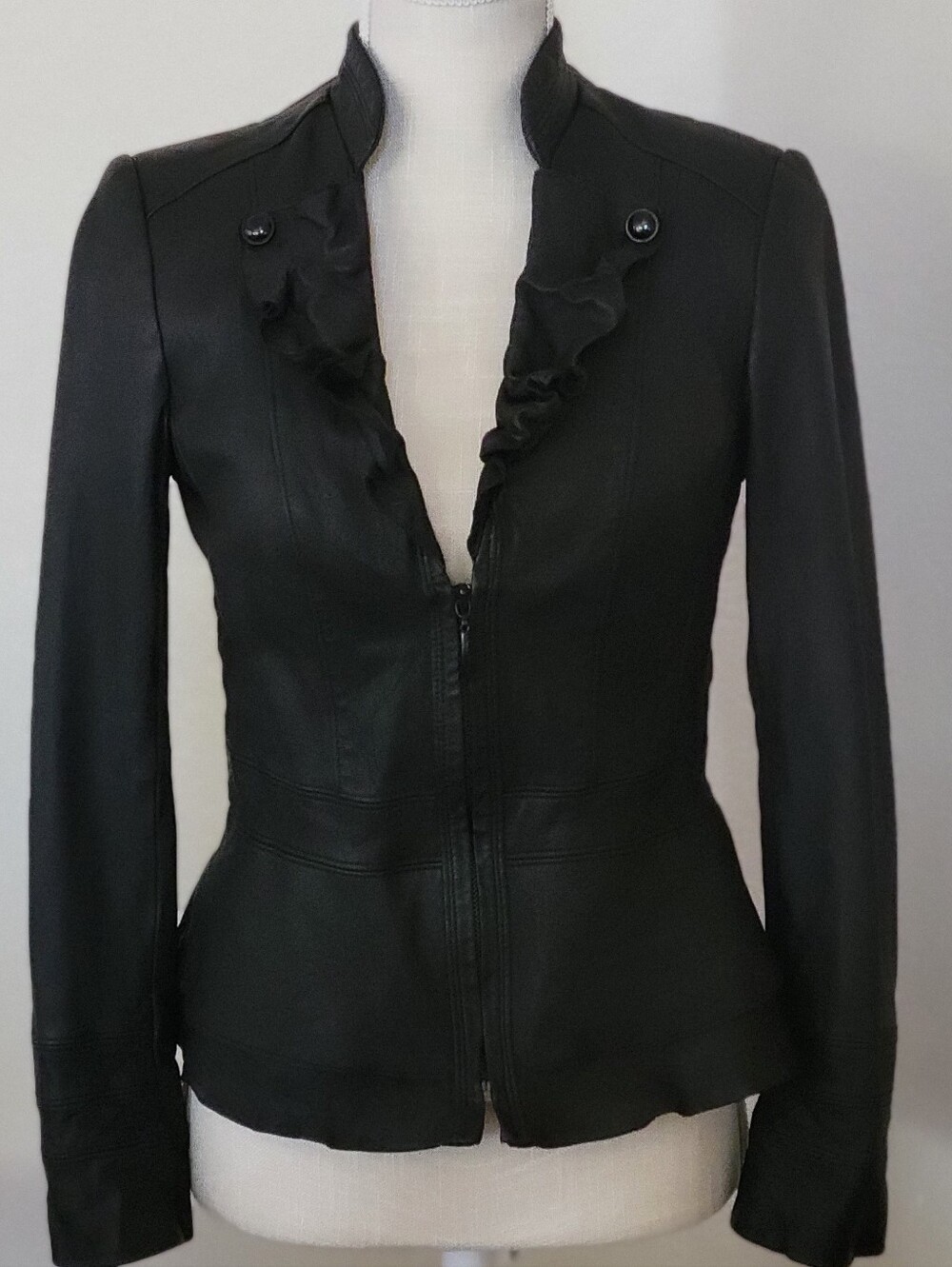White House Black Market Black Ruffled Peplum Genuine Leather Jacket Sz S